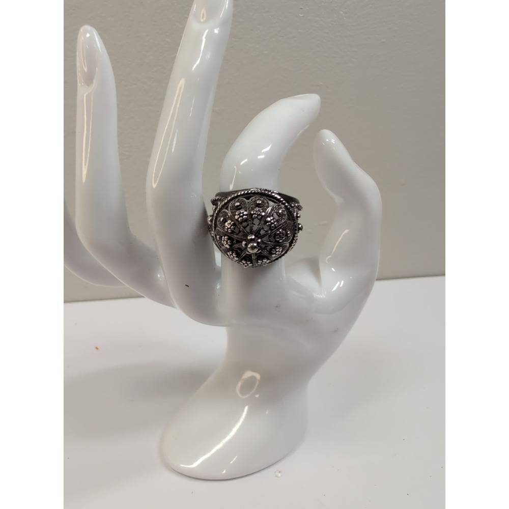 925 Sterling Vintage Israel Floral Filigree Adjustable Dome Ring Size 7.5